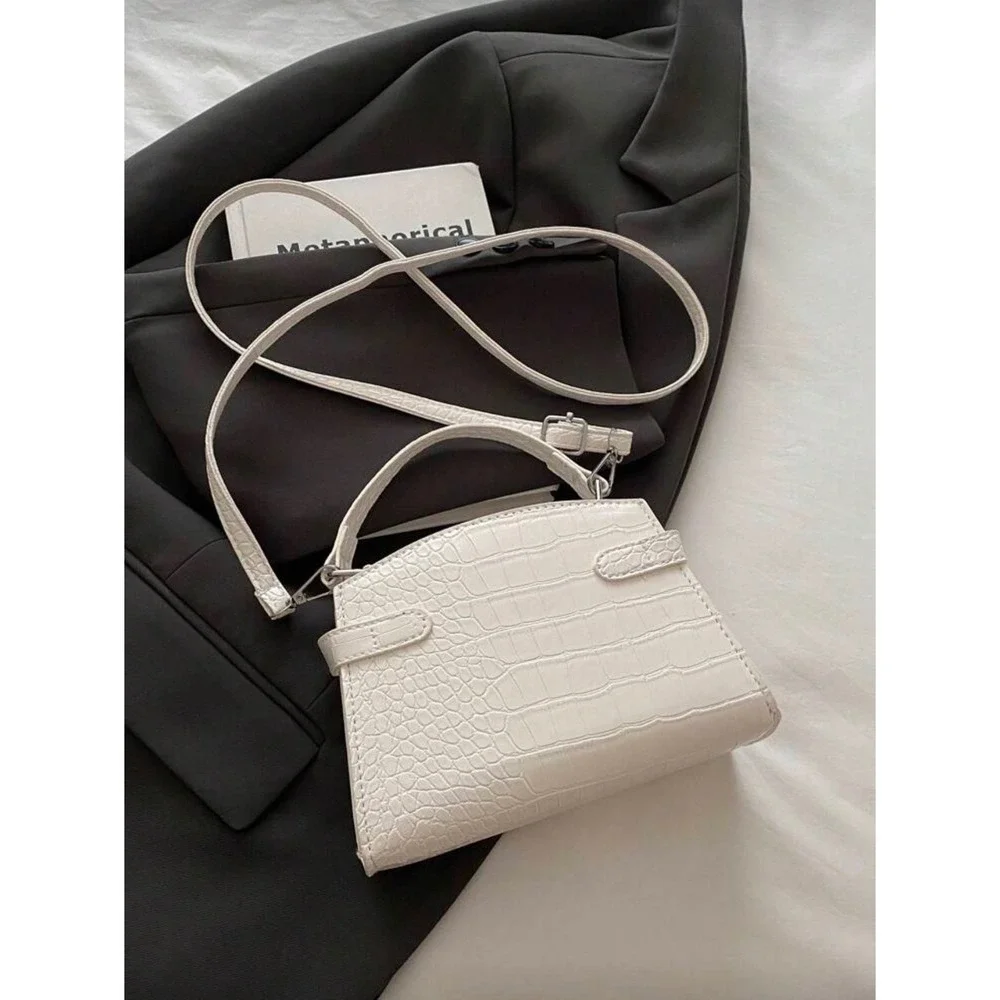 White Croc Embossed Mini Top Handle Crossbody Bag Silver Hardware Turn Lock‎